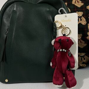 Natasha Teddy Bear Keychain Bag Charm Red Velvet Rhinestone BLING  Buttons